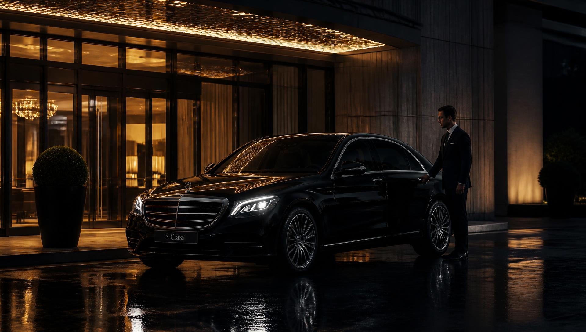 Black executive sedan waiting under city lights at night